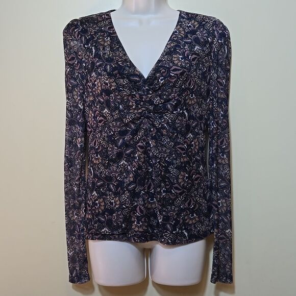 Evereve Amora Ruched Dark Floral Mesh Top Sheer Sleeve V-neck Size Medium - Picture 1 of 13